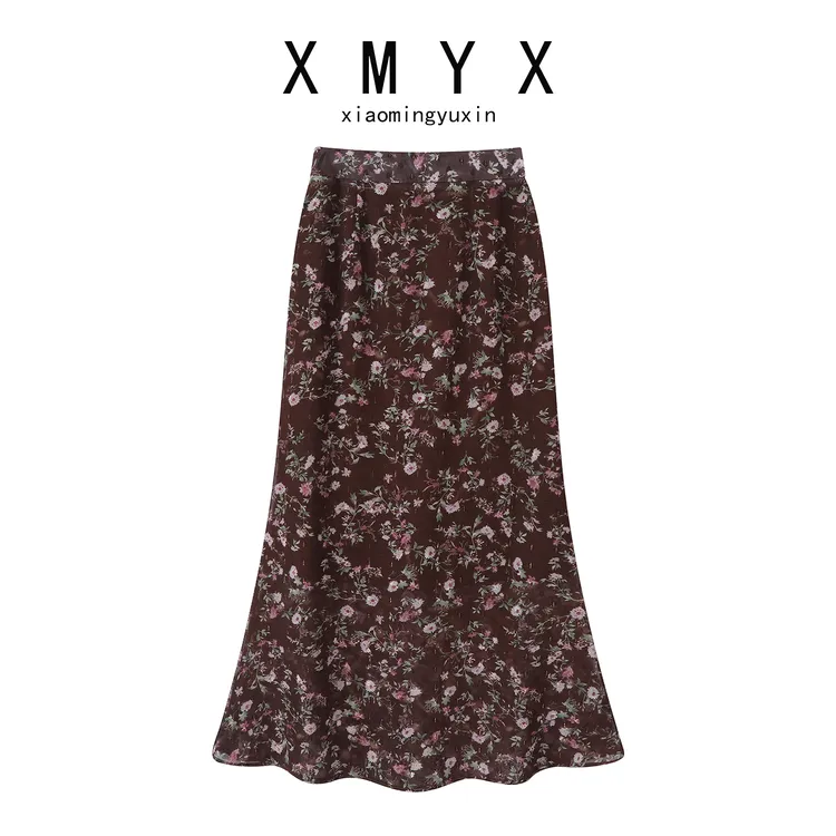 【XMYX】长裙高腰碎花印花半身裙包臀裙复古港风美拉德风