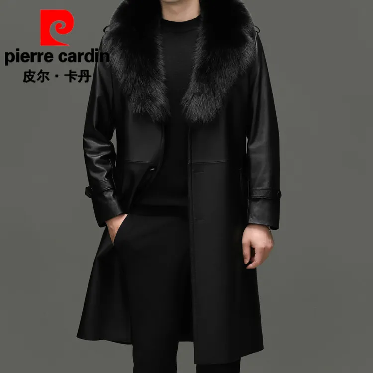 皮尔卡丹头层牛皮大衣男真皮皮衣秋冬新款爸爸长款皮风衣外套