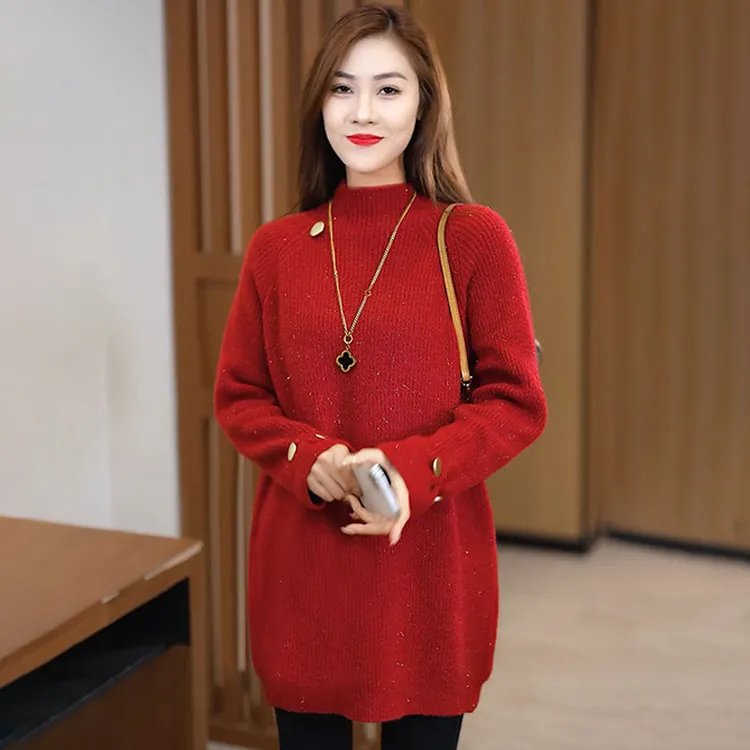 高端中长款毛衣女秋冬新款半高领加厚针织上衣洋气显瘦打底毛衣裙