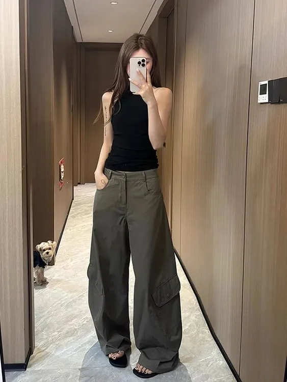 美式复古多口袋工装裤女秋季新款高腰宽松爆款阔腿拖地裤弯刀裤子