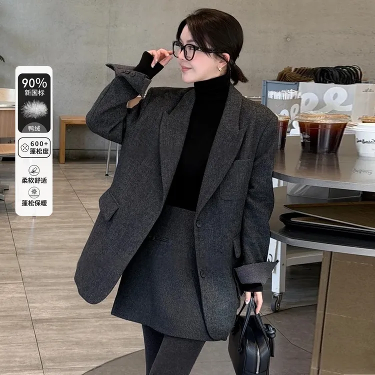 新款小西装女冬季羽绒服休闲加厚西服白鸭绒羊毛气质轻奢保暖外套