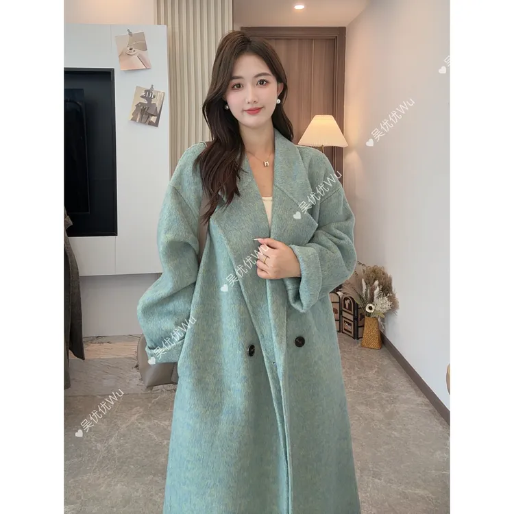 双面呢羊毛大衣2025秋冬新款加长款宽松设计感女高货西装领外套