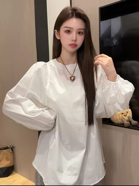 白色泡泡袖灯笼袖衬衫女2025新款早秋季宽松显瘦高级感衬衣女上衣