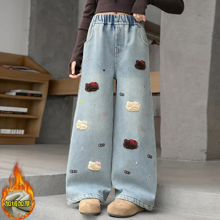 女童加绒牛仔裤冬季2025新款中大童洋气时尚加厚潮儿童直筒阔腿裤