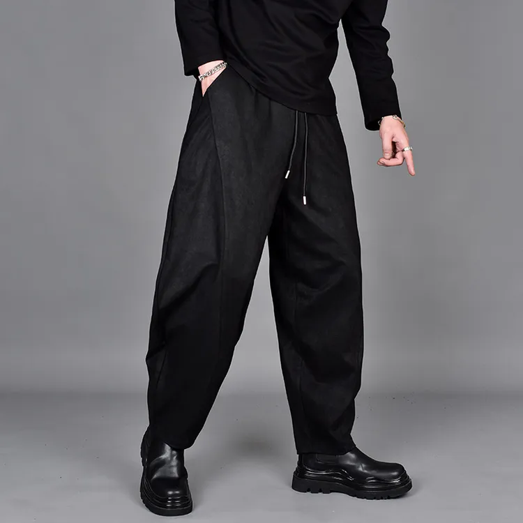 复古潮流锥形小脚裤冬季鹿皮绒卡其色休闲裤韩版男大码宽松哈伦裤