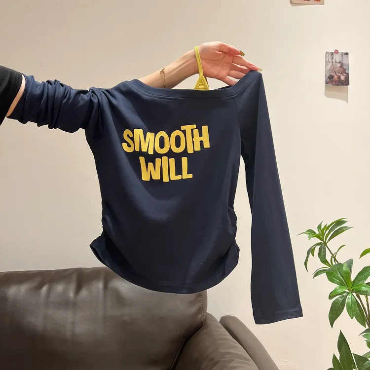 藏青色字母印花长袖T恤女2025秋季新款假两件撞色斜肩上衣设计感