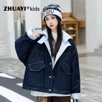 女大童牛仔外套秋冬款棉服夹棉加厚保暖连帽洋气上衣（25402309）1