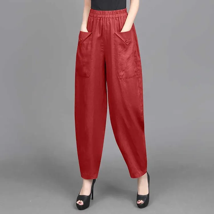 夏季女士棉麻哈伦九分松紧灯笼裤宽松垂坠感裤子2024夏天高腰女裤