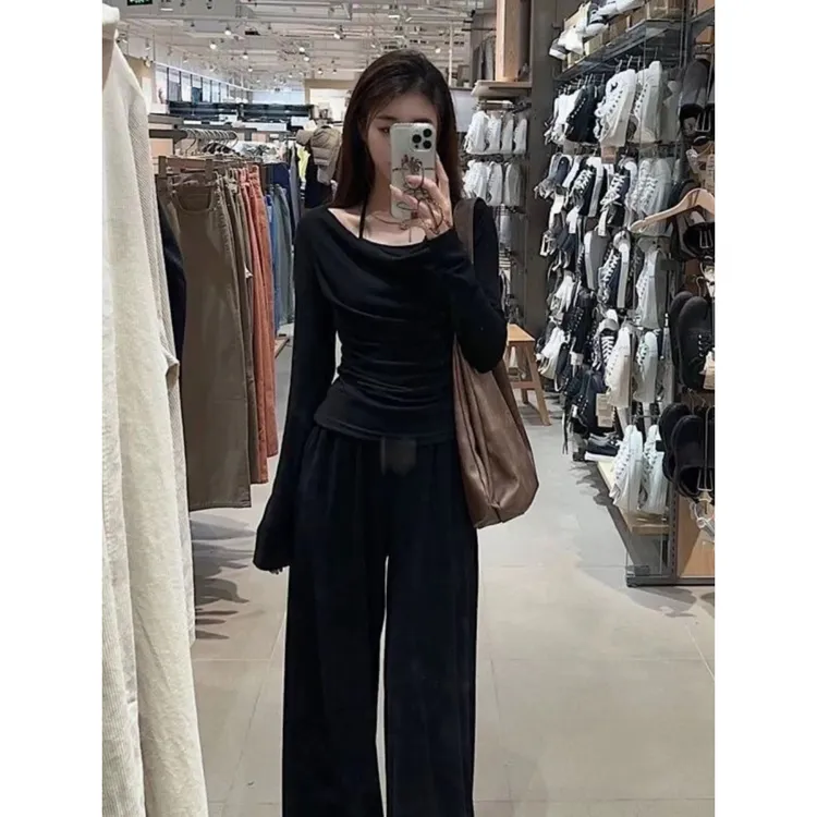 长袖打底衫女2025新款秋装内搭荡领设计高级感穿搭假两件chic上衣