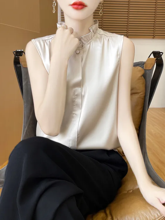 法式木耳领无袖衬衫女士春夏缎面百搭内搭小衫