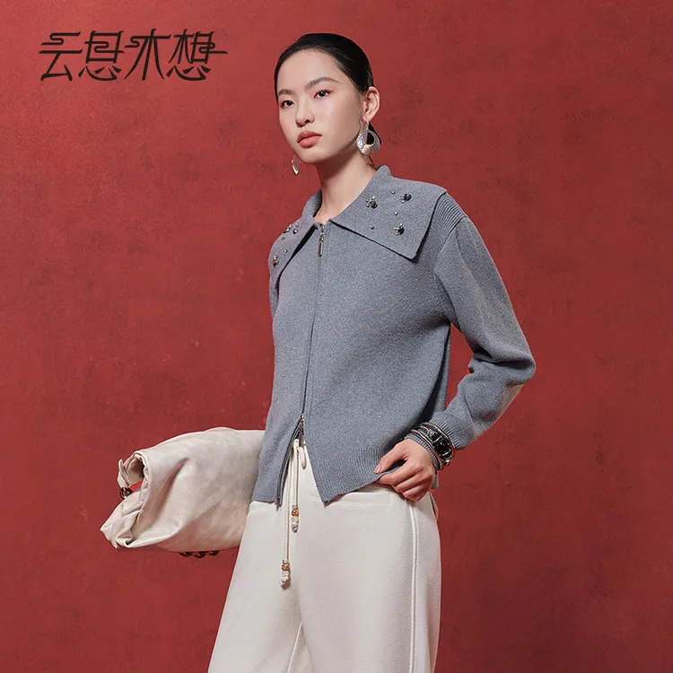 Ysimo-X云思木想 琉璃花开 新款钉珠长袖双头拉链毛针织衫14363