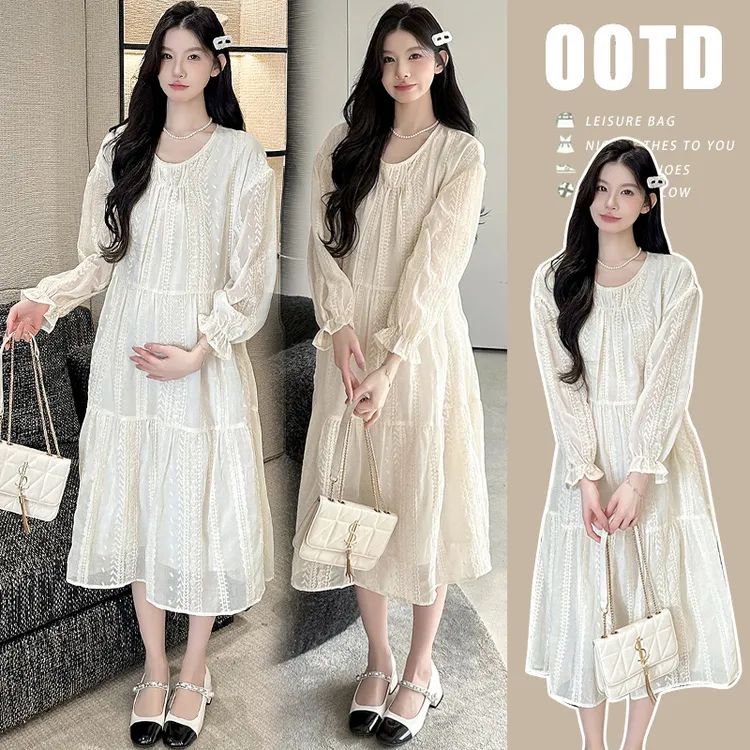 孕妇2025春季新款韩系时尚慵懒风气质绣花工艺宽松显瘦甜美连衣裙