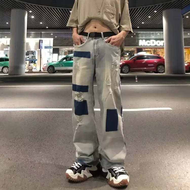 牛仔裤男款秋冬美式高街潮牌宽松直筒休闲裤子