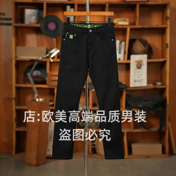 美式原创高端黑色刺绣男士牛仔裤修身弹力小直筒简约百搭个性