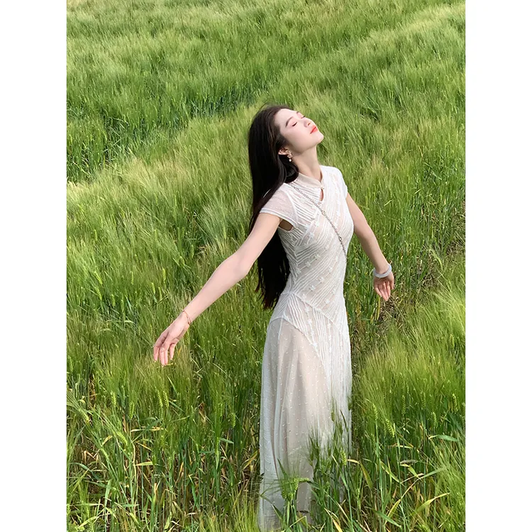 凌茜【冰蚕语】国风新中式条纹提花裙优雅气质朦胧性感收腰显瘦旗袍