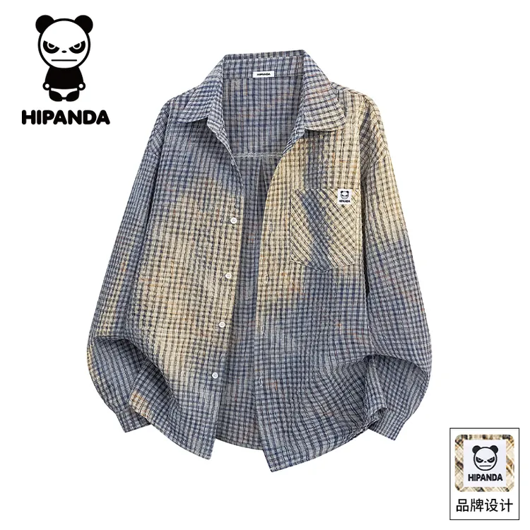 HiPanda你好熊猫男女同款格子衬衫秋季长袖潮流百搭休闲宽松外套