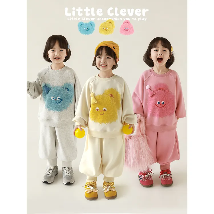 幼悠女童2025冬新款加绒加厚卡通卫衣保暖束脚长裤可爱套装 D4306