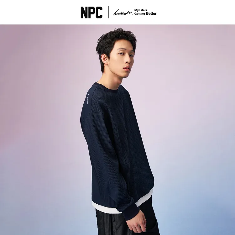 NPC潮牌假两件拼接【华夫格】圆领长袖T恤男舒适透气秋NP57TL13