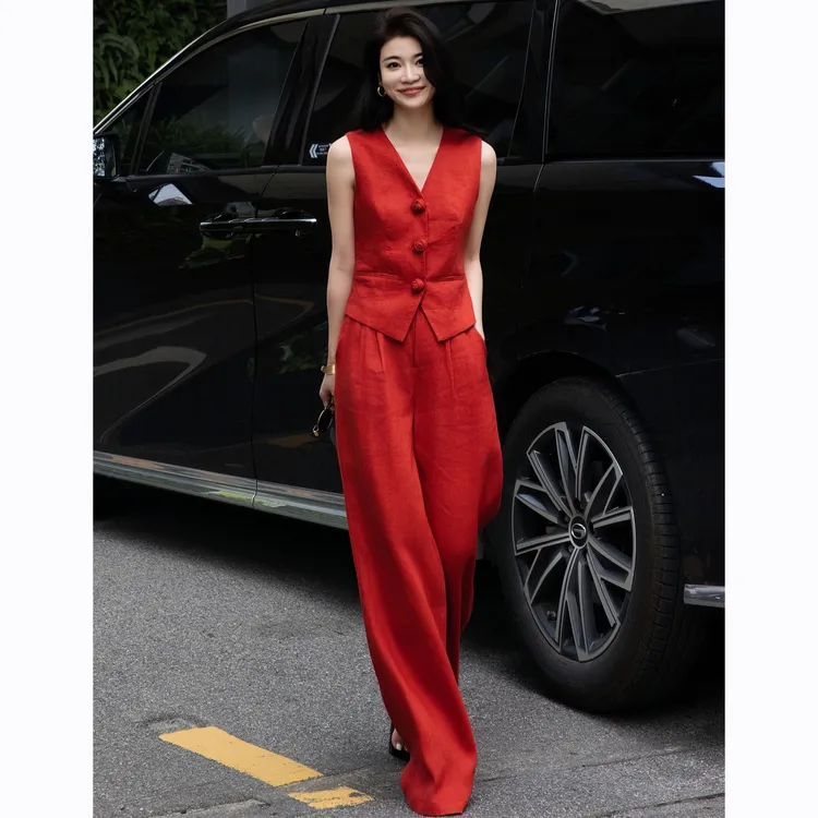 ZEROYK老钱风亚麻时尚套装设计感玫瑰扣马甲上衣阔腿裤休闲两件套