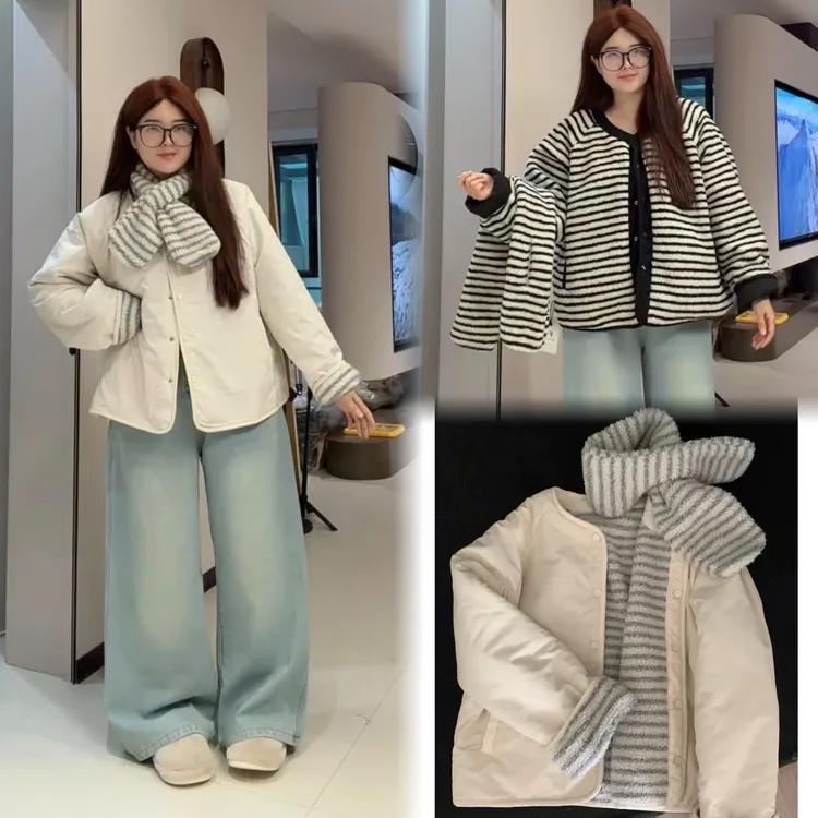 新款大码韩系胖MM两面穿条纹撞色百搭棉服上衣