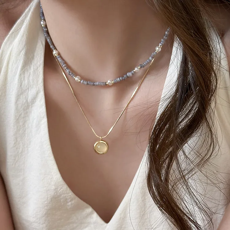 不锈钢仿珍珠项链 海蓝天然石叠戴项链女款2024新款配饰轻奢小众