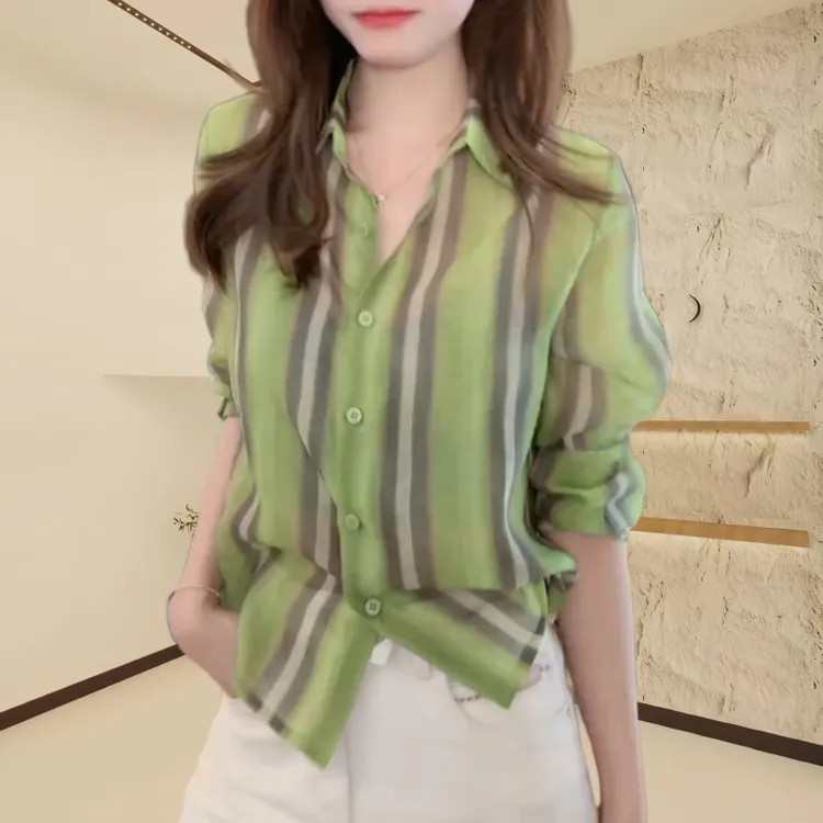 2025夏季款洋气时尚设计感拼色小衫慵懒减龄显百显瘦长袖女士衬衫