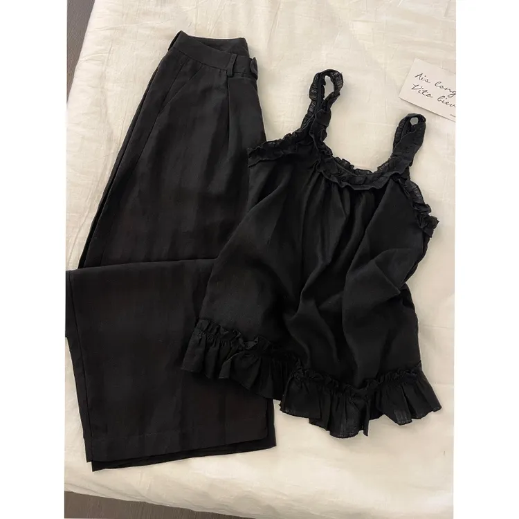 韩系甜美木耳边纯色睡衣女秋季新款背心长裤可外穿家居服大码套装