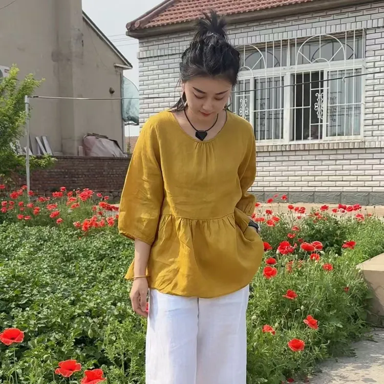 亚麻夏款宽松休闲显瘦娃娃衫衣长67