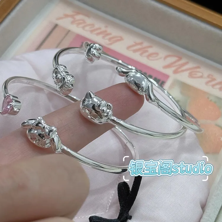 足银手镯 足银999三丽鸥KT大耳狗美乐蒂蝴蝶结爱心开口纯银手镯