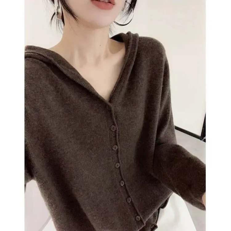 100%纯羊毛女式针织连帽薄款衫长袖纯色显瘦宽松百搭秋冬打底羊绒