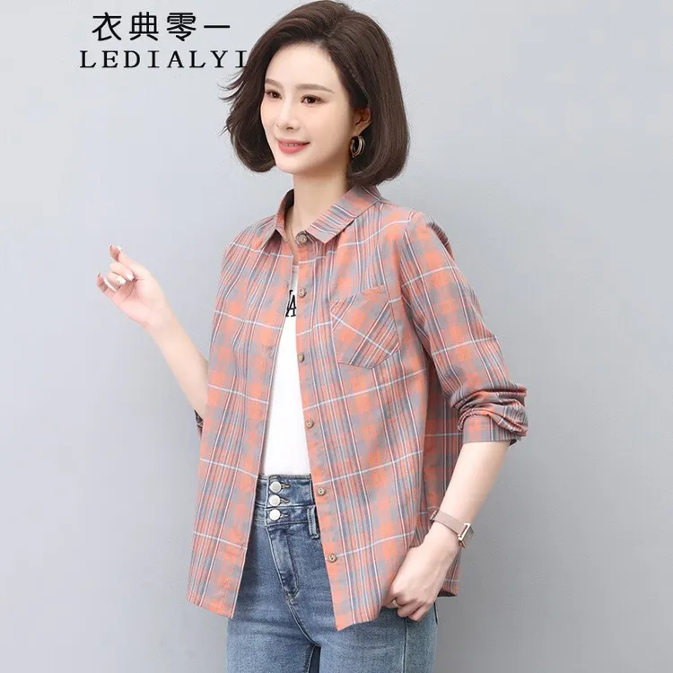 纯棉格子衬衫女外穿2025春秋季女装新款时尚休闲中年短款衬衣上衣