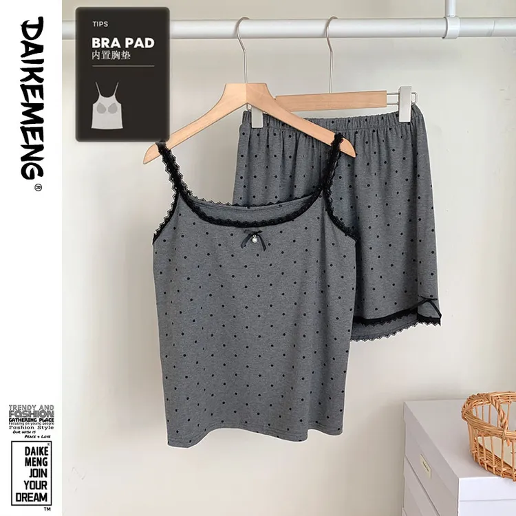 夏季新款带胸垫凉感莫代尔吊带短裤睡衣女韩版简约波点家居服套装