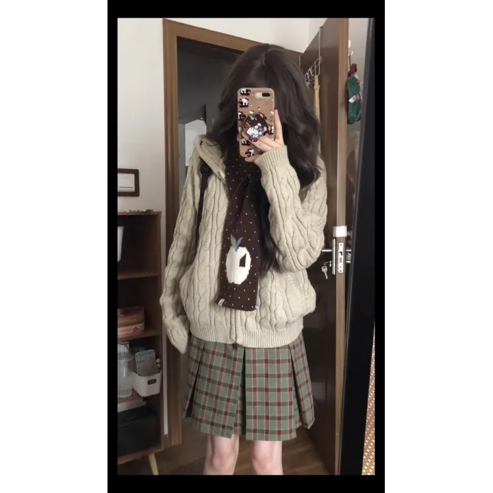 学院风麻花针织连帽开衫女秋冬季褶皱半身裙套装