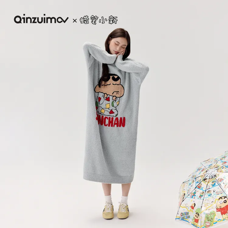 亲嘴猫【蜡笔小新】半边绒睡袍女秋冬季睡衣长款加厚家居服可外穿