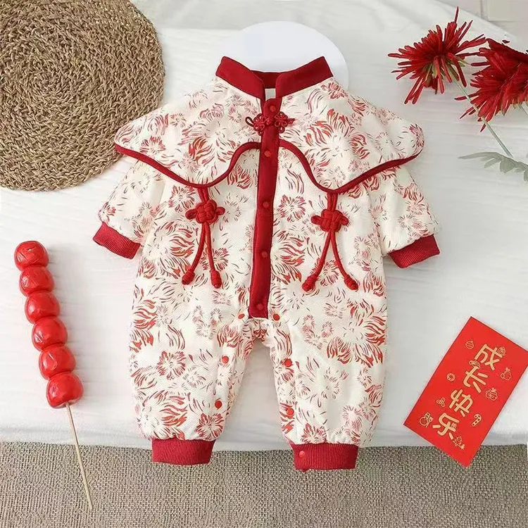 婴儿衣服冬季加绒加棉中国风女宝宝周岁新生连体衣满月抓周礼服