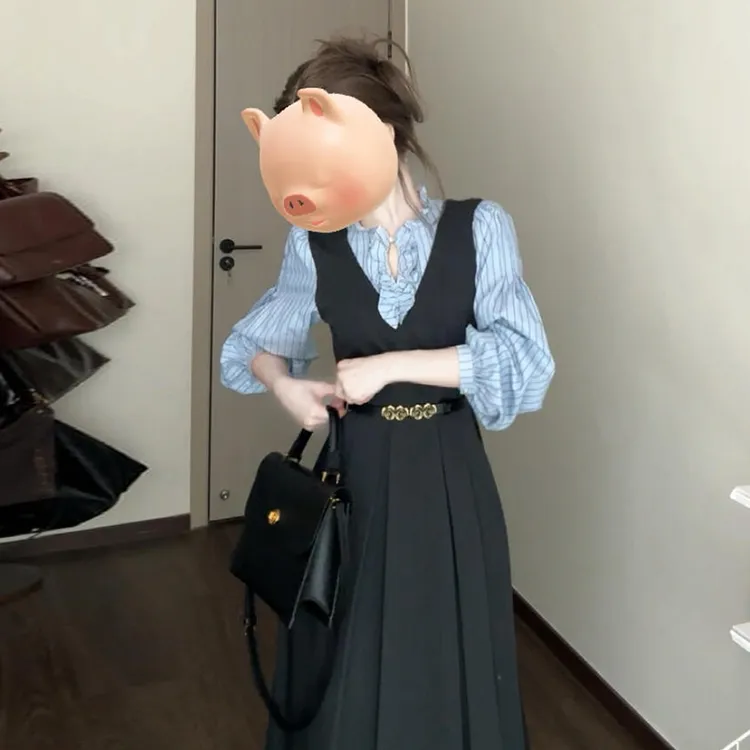 法式蓝色长袖假两件连衣裙子女秋冬季2025高级感气质衬衫长裙7739