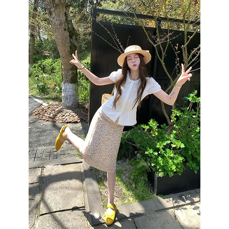 法式洋气女装高级感穿搭一整套夏季通勤气质衬衫碎花半身裙两件套