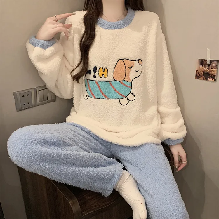 软绵绵半边绒睡衣女冬季加厚加绒珊瑚绒两件套卡通可爱保暖家居服