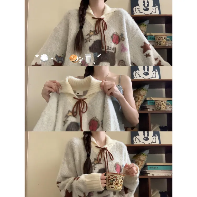 美式复古卡通小狗提花毛衣女秋冬季系带宽松POLO领套头针织衫上衣