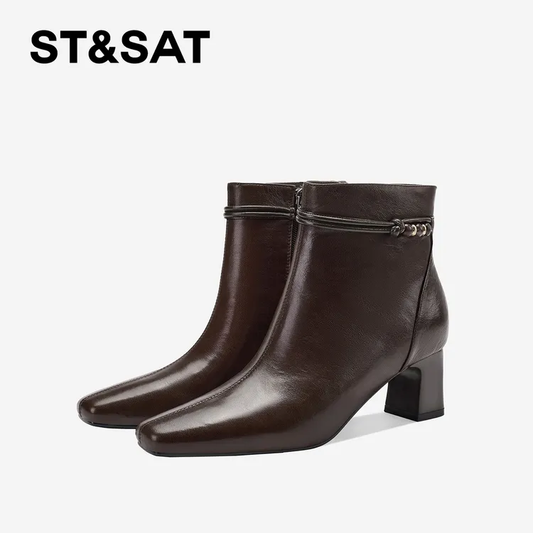 St&Sat/星期六真皮方头女靴时尚粗跟短靴2025新款星期六长筒女靴