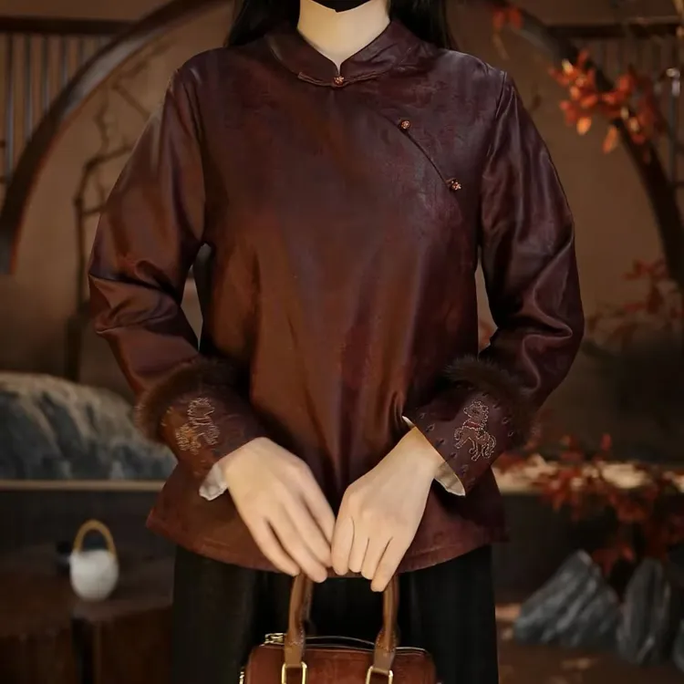 【马到成功】秋冬新款旗袍刺绣国风气质百搭双层水貂上衣5022