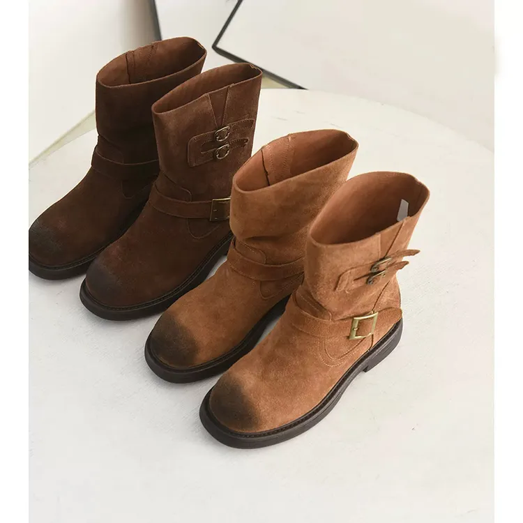 （衣兮复古擦色中筒靴）25871秋冬美拉德百搭圆头扣带厚底靴子D