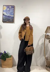 98区2592咖色春秋女款纯色百搭短款外套