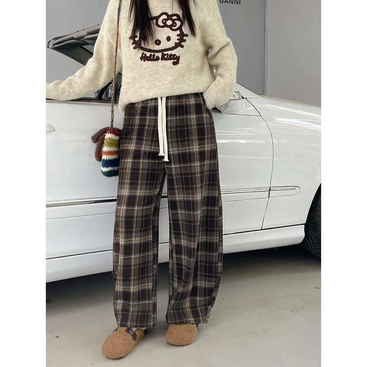 2025深冬独特超好看加绒毛呢裤子大码女装胖mm格子显瘦阔腿奶奶裤