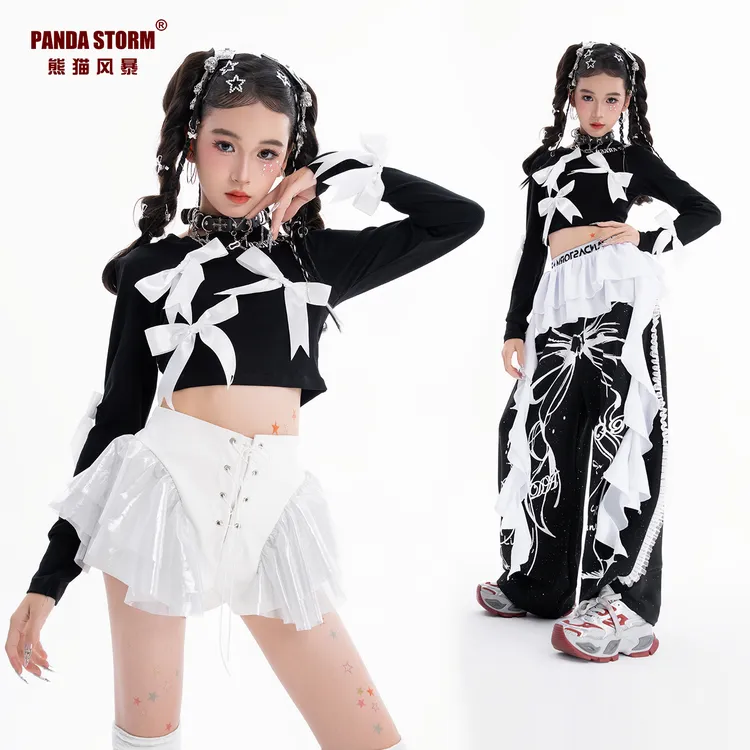 爵士舞女童服装jazz甜酷蝴蝶结长袖T恤长裤套装儿童街舞表演出服