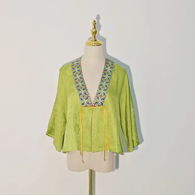 中国丝绸香云纱【芥末绿罗拼宋锦外套】隆鹊夏季女装清凉透气时尚