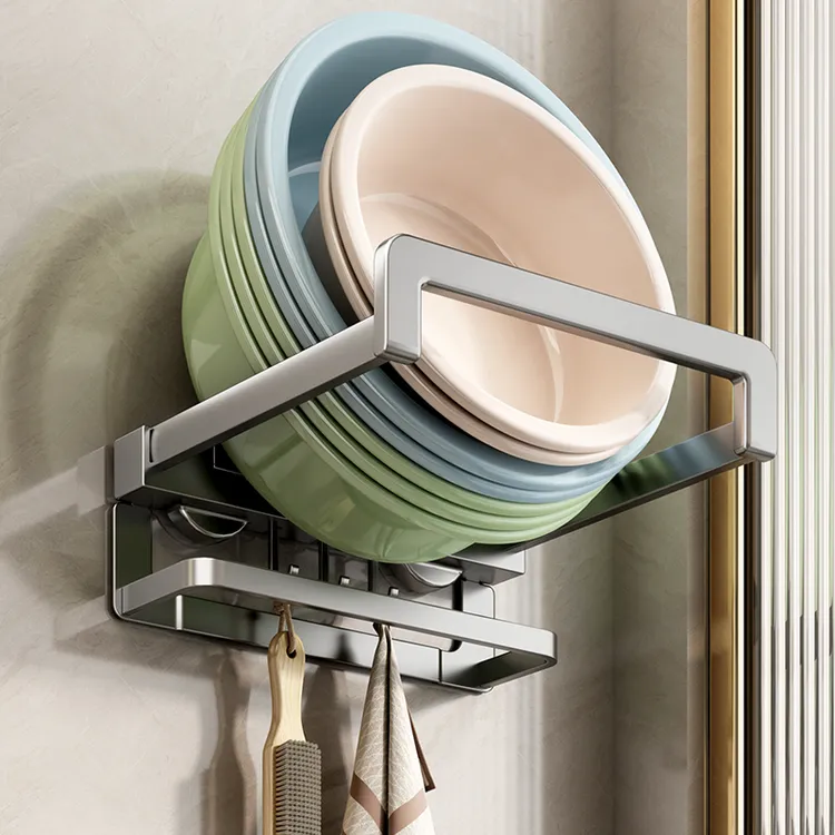 吸盘折叠脸盆架带挂钩加厚材质免打孔防掉稳固设计升级防护杆