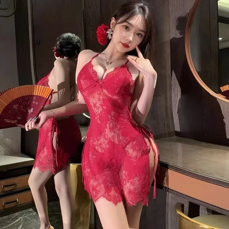 性感蕾丝吊带裙系带睡裙制服纯欲大码睡衣