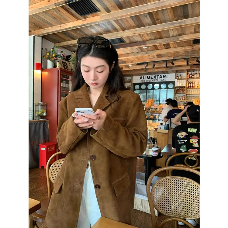 美拉德西装外套女秋季2025新款韩版宽松复古百搭气质棕色麂皮外套