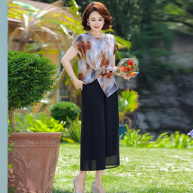 新款妈妈夏装时尚两件套中年女装夏季气质短袖上衣阔腿裤裤裙套装